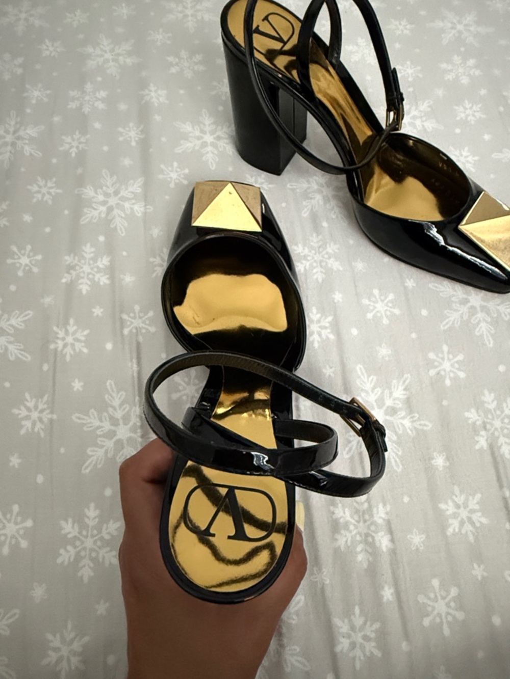 Valentino Black Patent Slingback Pumps with Gold Pyramid Accent - Picture 12 of 15